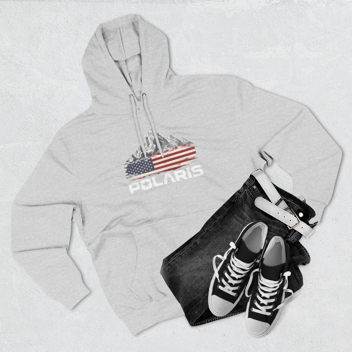American Mountain Flag Hoodie — Vintage USA Off-Road Adventure Fleece Pullover