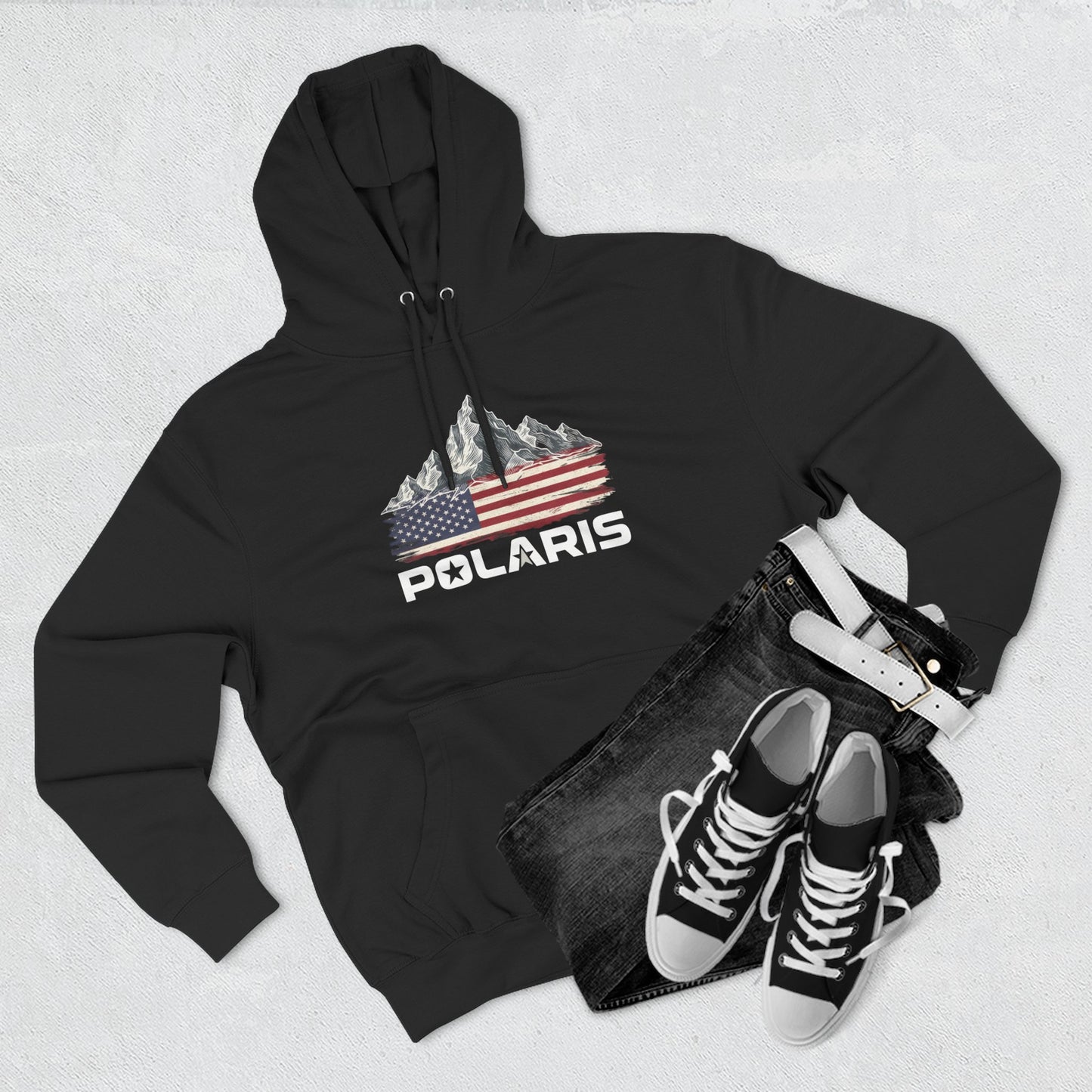 American Mountain Flag Hoodie — Vintage USA Off-Road Adventure Fleece Pullover