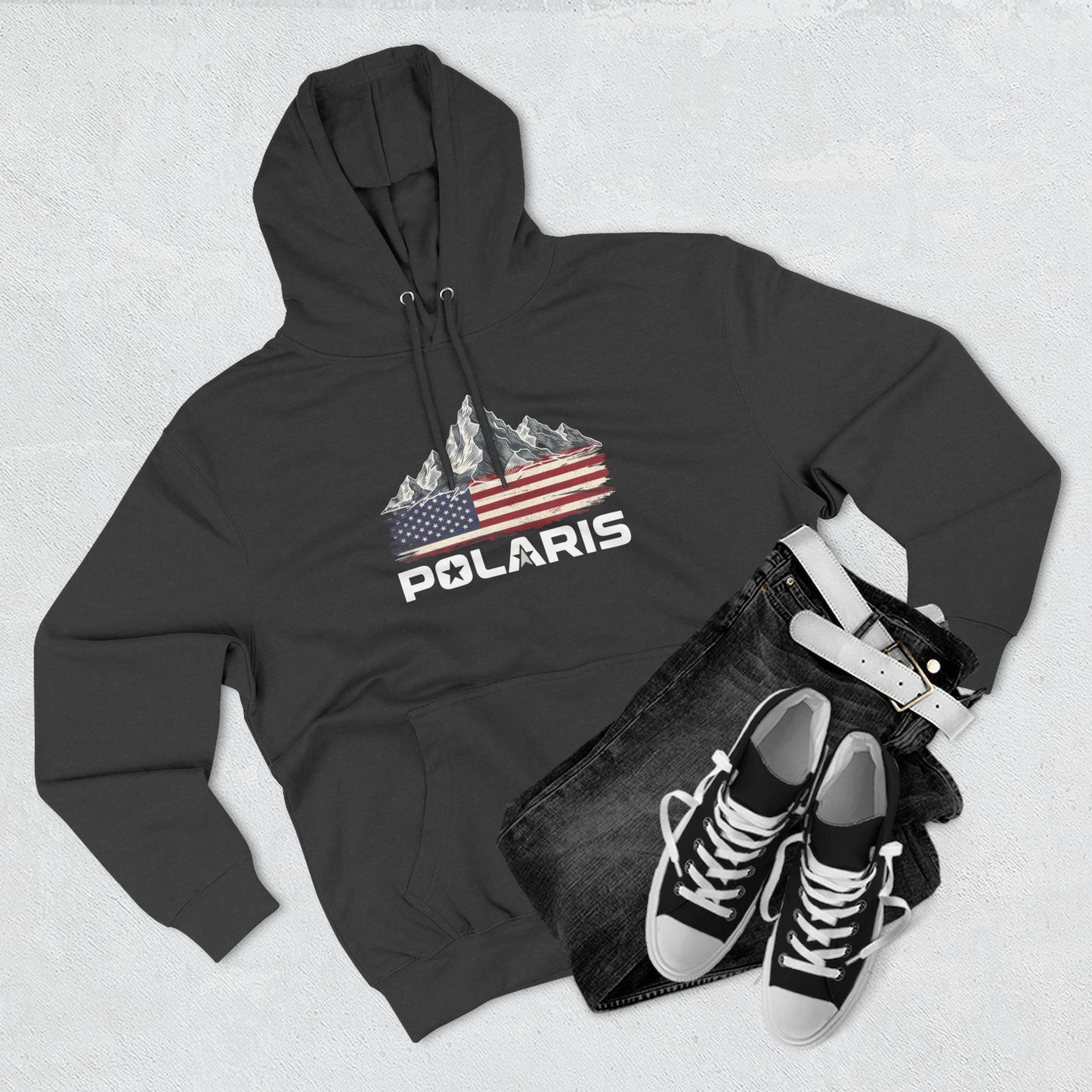American Mountain Flag Hoodie — Vintage USA Off-Road Adventure Fleece Pullover